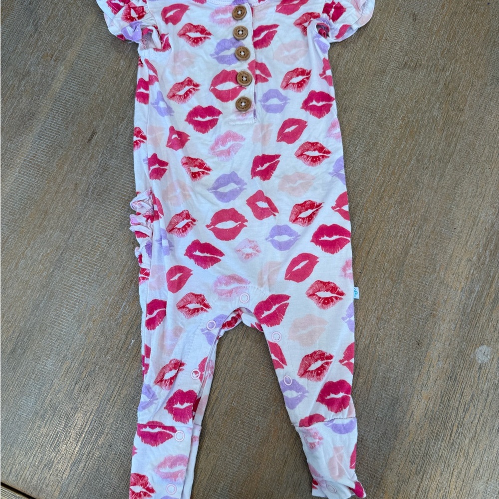 Posh Peanut Pink and Red Lip Print Romper